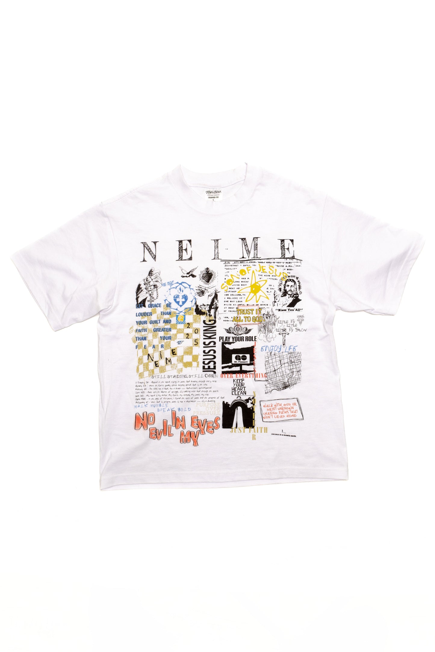 White t-shirt with graphic design and text on a white background